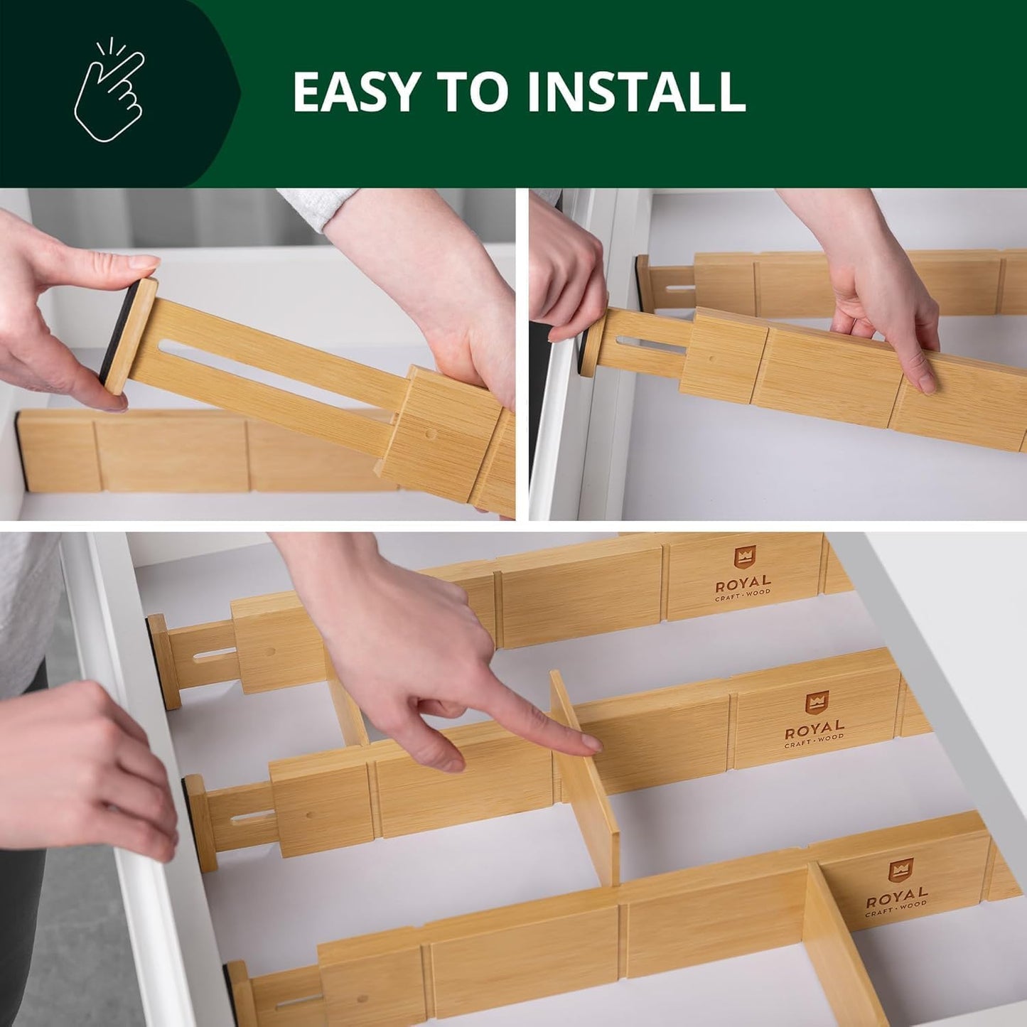 ROYAL CRAFT WOOD Adjustable Bamboo Drawer Dividers Organizers (17-21.5") with Inserts - Expandable Drawer Organization Separators for Kitchen Utensils, Clothes, 4-Pack