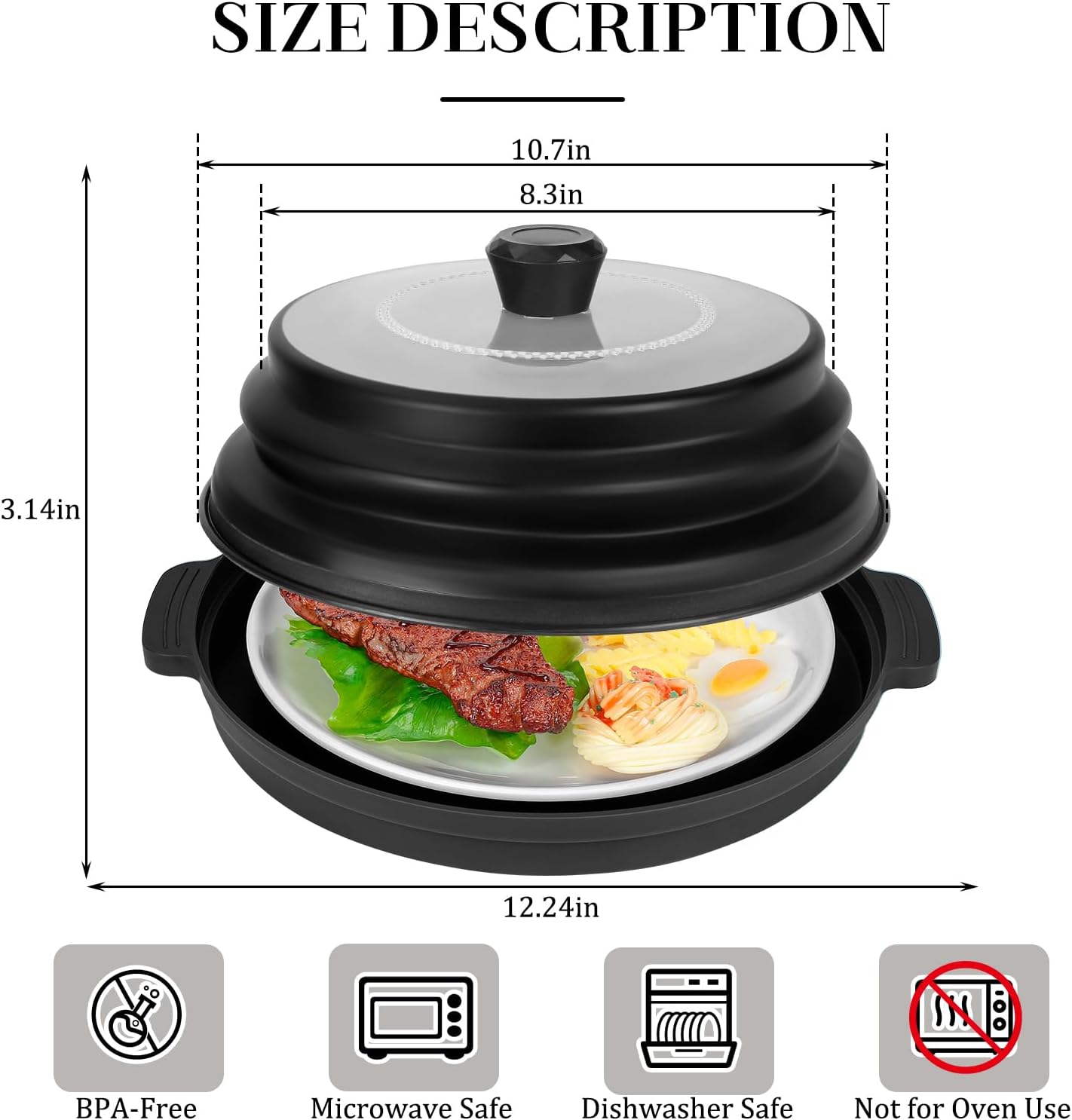 10.7 Inch Microwave Food Cover with Heat Insulation Mat, Anti-Scald Collapsible Microwave Splatter Cover, Multi-Functional as Colander & Fruit Plate, Dishwasher Safe, Ideal for Meal Prep (Transparent)