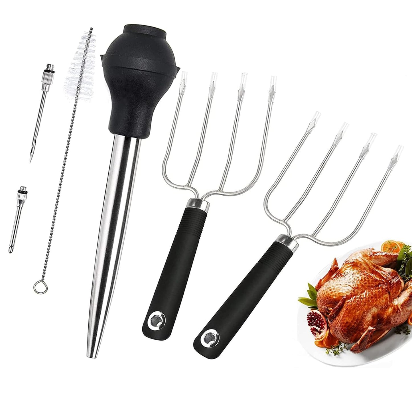 KAYCROWN Turkey Baster and Turkey Roast Lifters with Non-Slip Handle, Silicone Turkey Baster with 2 Marinade Needles & Stainless Steel Turkey Poultry Forks Set, Poultry Lifters