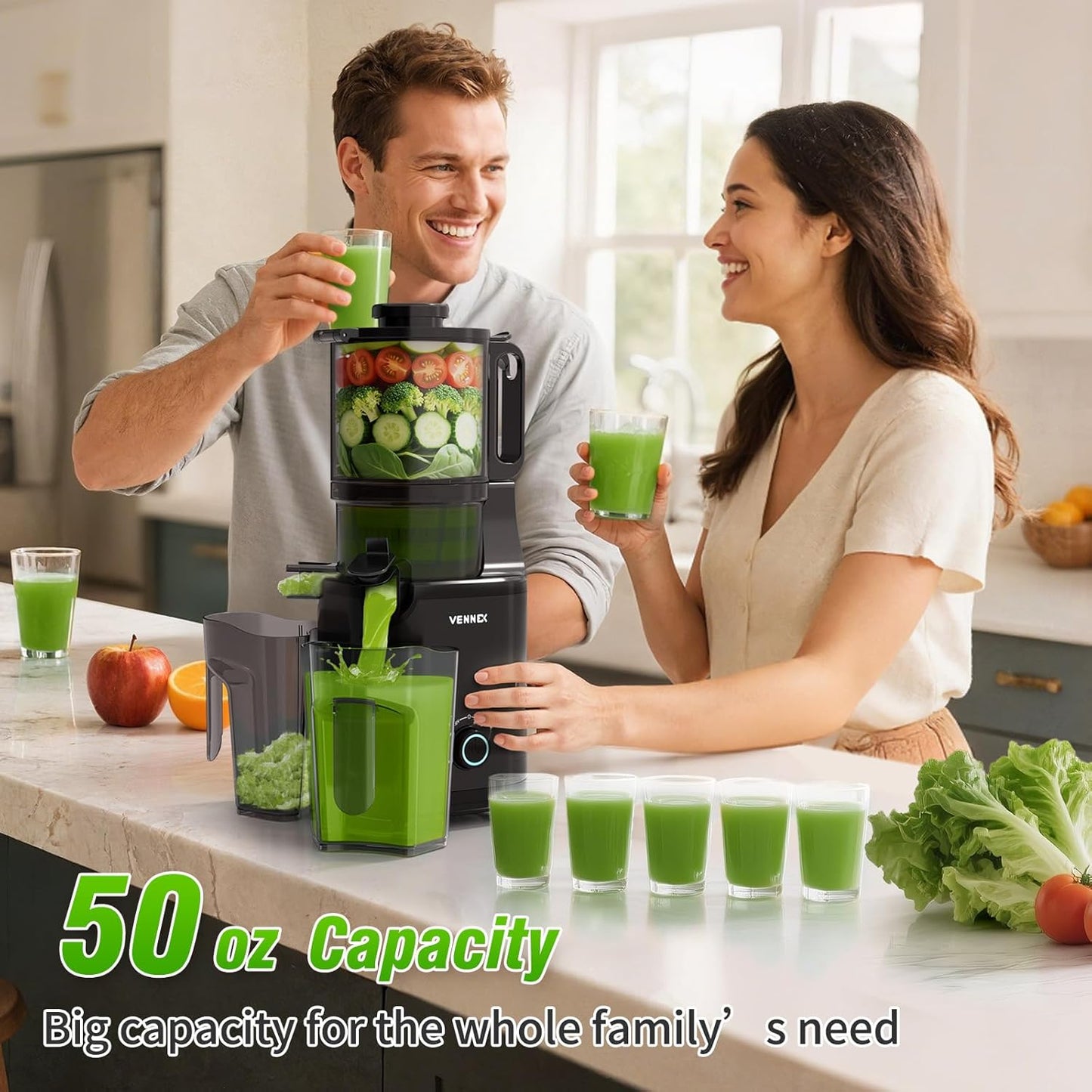 VENNXE Cold Press Juicer, Masticating Juicer with 5.7" Large Feed Chute for Whole Vegetables and Fruits, Dual Auger Juice Extractor Machines for High Juice Yield, Easy to Clean and Assemble, Black