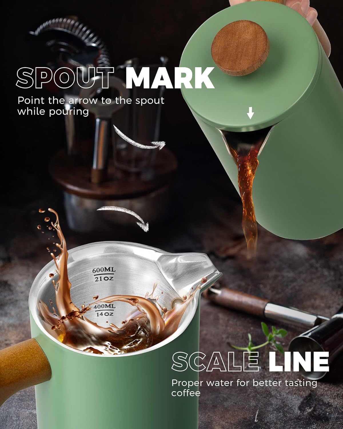 POLIVIAR French Press Coffee Maker, 21 oz Coffee Press with Real Wood Handle, Double Wall Insulation & Dual-Filter Screen, Food Grade Stainless Steel for Good Coffe and Tea, JX2024-SFPN