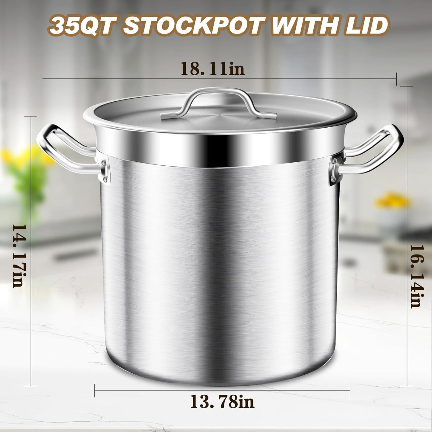 Large Stock Pot - 35Qt Brushed Stainless Steel Stock Pot With Lid - Heavy Duty Induction Commercial Grade Stockpots for Soup, Stew, Oven, Gas, Ceramic, and Dishwasher Safe