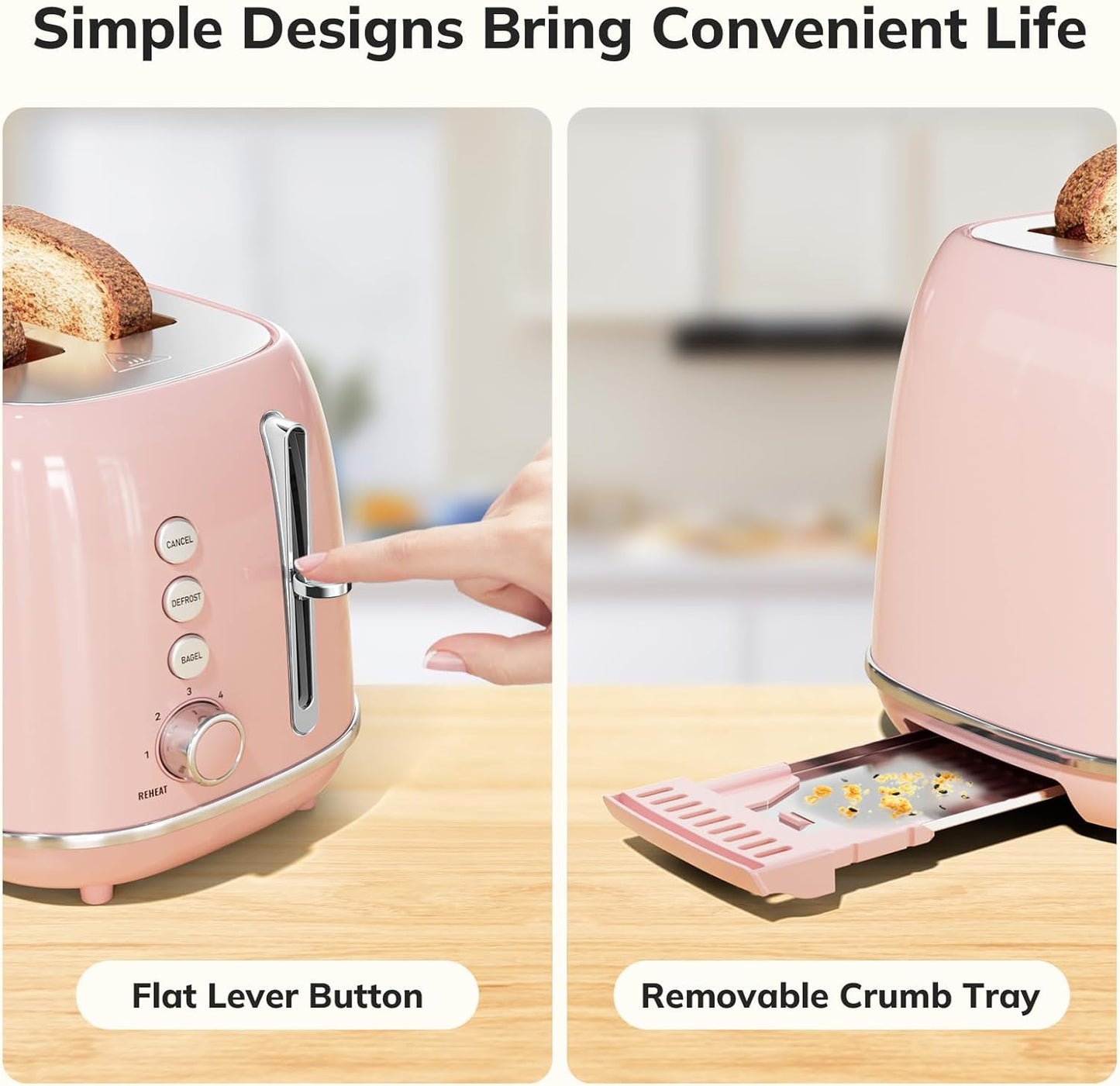 Toaster 2 Slice Stainless Steel with 6 Bread Shade Settings, Bagel, Cancel, Defrost Function, 2 Slice Retro Toaster with Extra Wide Slot, Removable Crumb Tray, pink