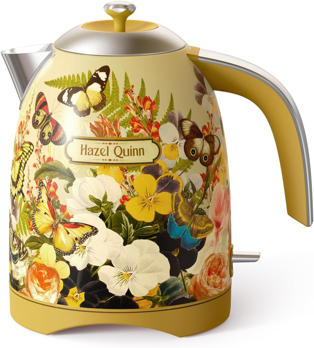 Hazel Quinn X Eduardo Recife Collaboration Electric Kettle - 1.7 Liters (57oz) Stainless Steel Water Kettle, BPA-Free Interior, 1200W Fast Boiling, Cordless, Automatic Shut Off - Floral Printed