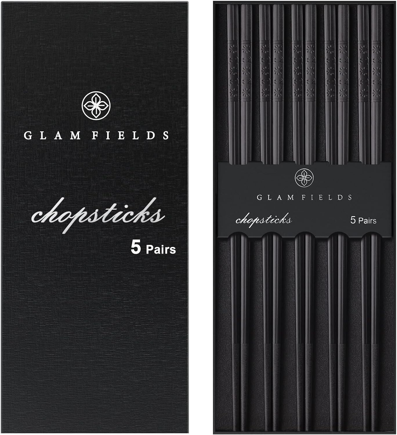 Chopsticks, GLAMFIELDS 5 Pairs Premium Black Chopsticks Reusable for Sushi Japanese Matte Anti-slip Chop Sticks with Gift Case Lightweight Dishwasher Safe, 9 1/2 Inches