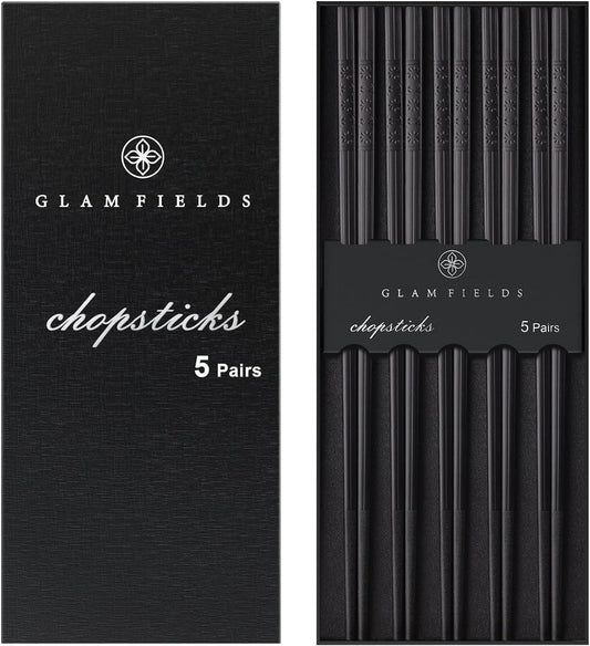 Chopsticks, GLAMFIELDS 5 Pairs Premium Black Chopsticks Reusable for Sushi Japanese Matte Anti-slip Chop Sticks with Gift Case Lightweight Dishwasher Safe, 9 1/2 Inches
