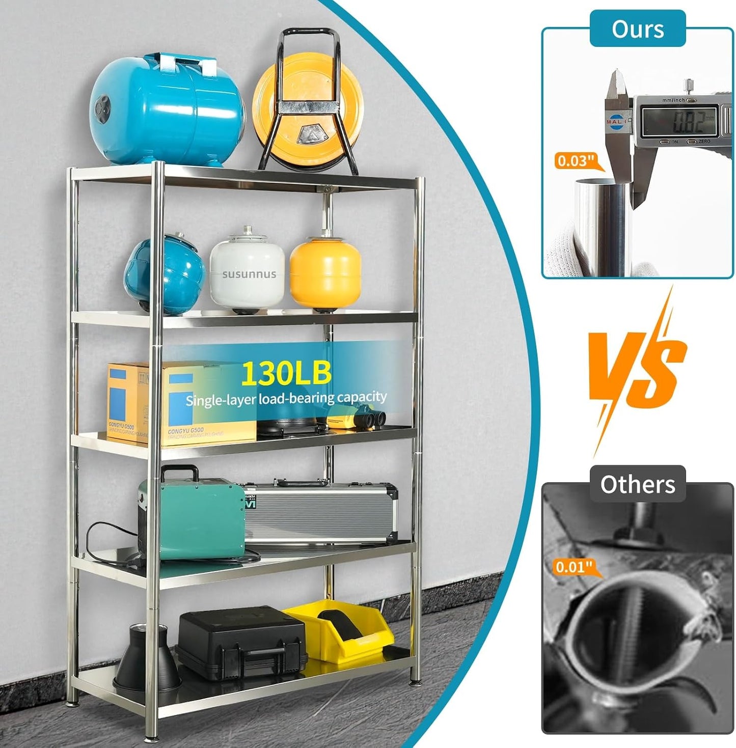susunnus 5-Tier Stainless Steel Shelf, Heavy Duty Shelving for Kitchen, Garage, Industrial Storage, Kitchen Shelves Adjustable Feet, Easy to Clean (5T-35.8in*15.8in(Without guardrails))