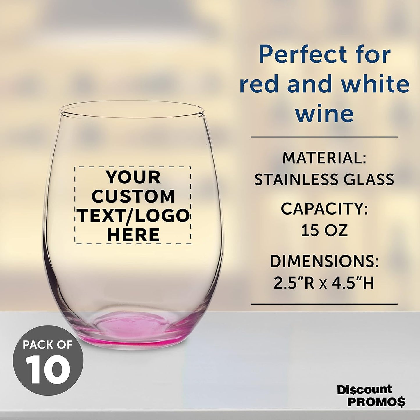 Custom Stemless Wine Glasses in Bulk by ARC Perfection, 15 oz, 10 pack, Personalized Text, Logo, Red or White Wine Glass Set, Pink