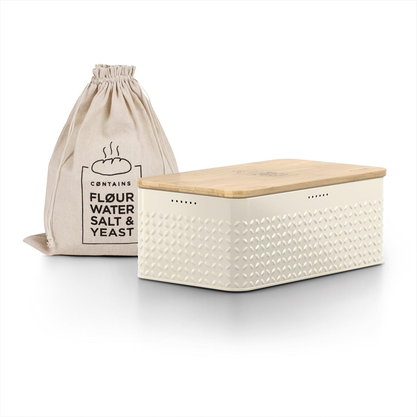 LARS NYSØM Bread Box I Metal Box with linen bag for long lasting freshness I Bread Bin with bamboo lid usable as cutting board I 13.4x7.3x5.3In (Almond Beige)
