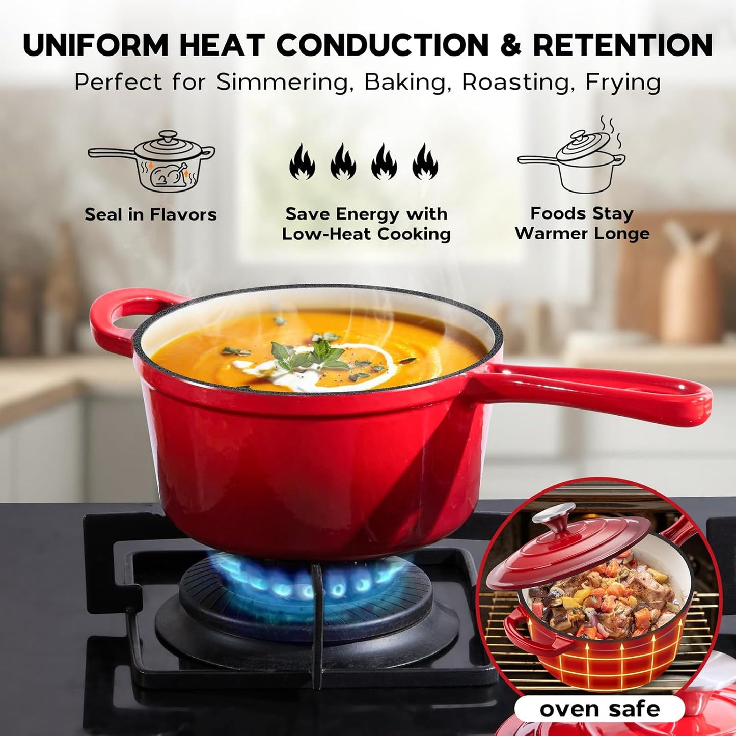 Enameled Cast Iron Sauce Pan, Onader 1QT Small Saucepan with Lid, Cast Iron Sauce Pot Enamel Dutch Oven, Nonstick & Heavy Duty – Red