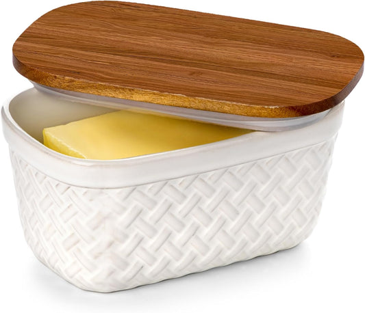 Nucookery Ceramic Butter Dish, Embossed Butter Keeper with Wood Lid for Countertop, Butter Holder and Container with Double Silicone Seal, Woven Pattern