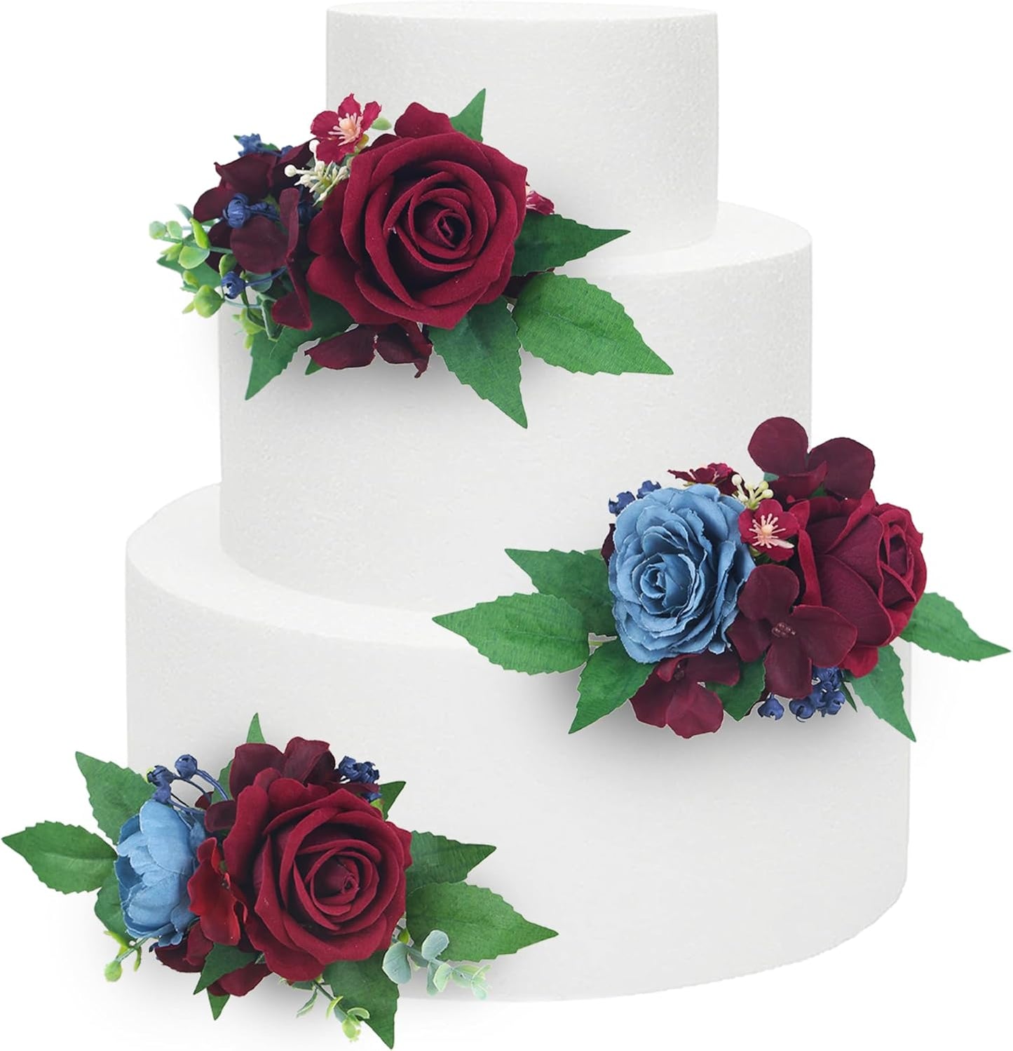 Rinlong 3Pcs Pre-made Cake Toppers - Flowers for Christmas, Wedding, Baptism - Burgundy, Navy Xmas Cake Decorations
