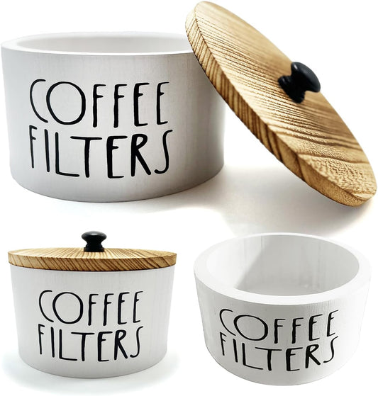 Wooden Coffee Filter Holder With Lid-Rustic Storage Container and Dispenser Basket for Coffee Bar Decor, Farmhouse Accessories(White)