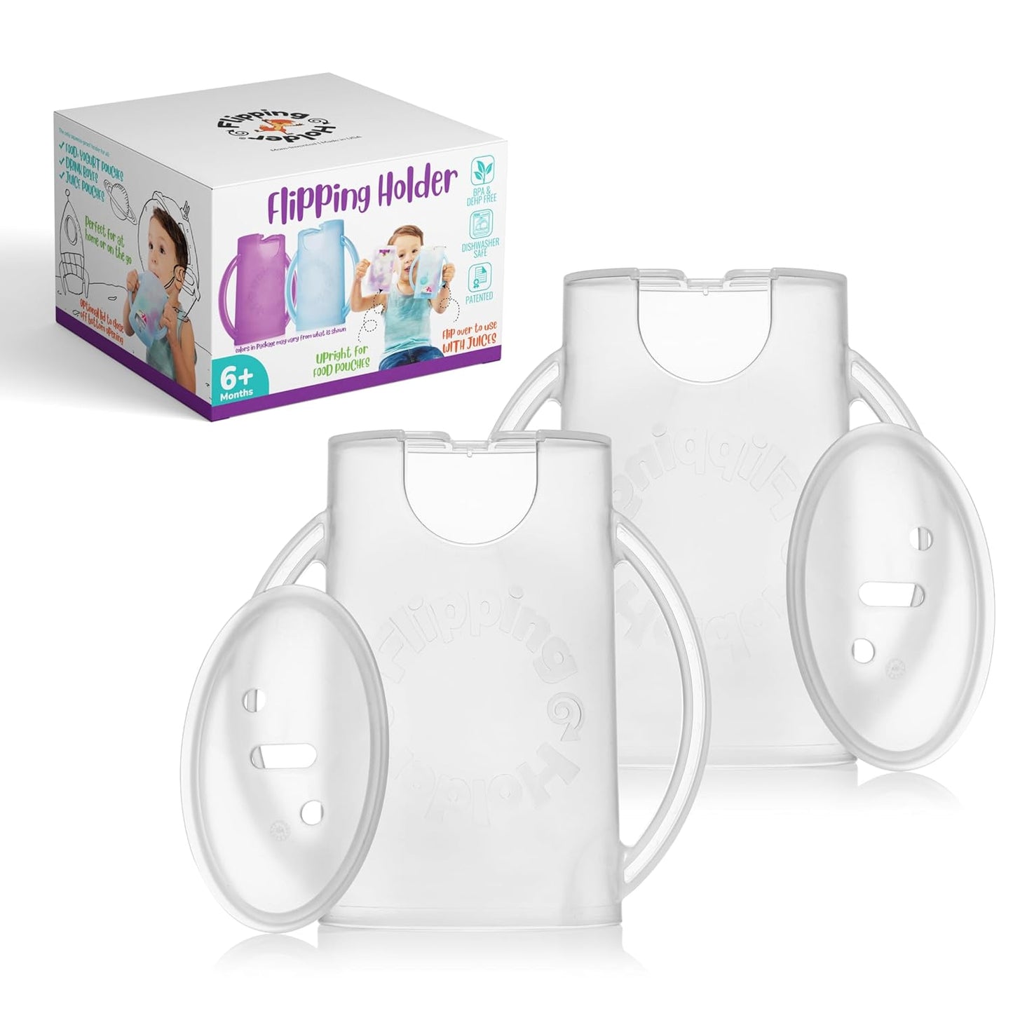 2-in-1 Baby Food Pouch & Juice Box Holder (2-pack) - No-Squeeze, Food-Safe Container with easy-grab Handles & Lid Fits GoGo, Capri Sun, Juice, Yogurt, & More