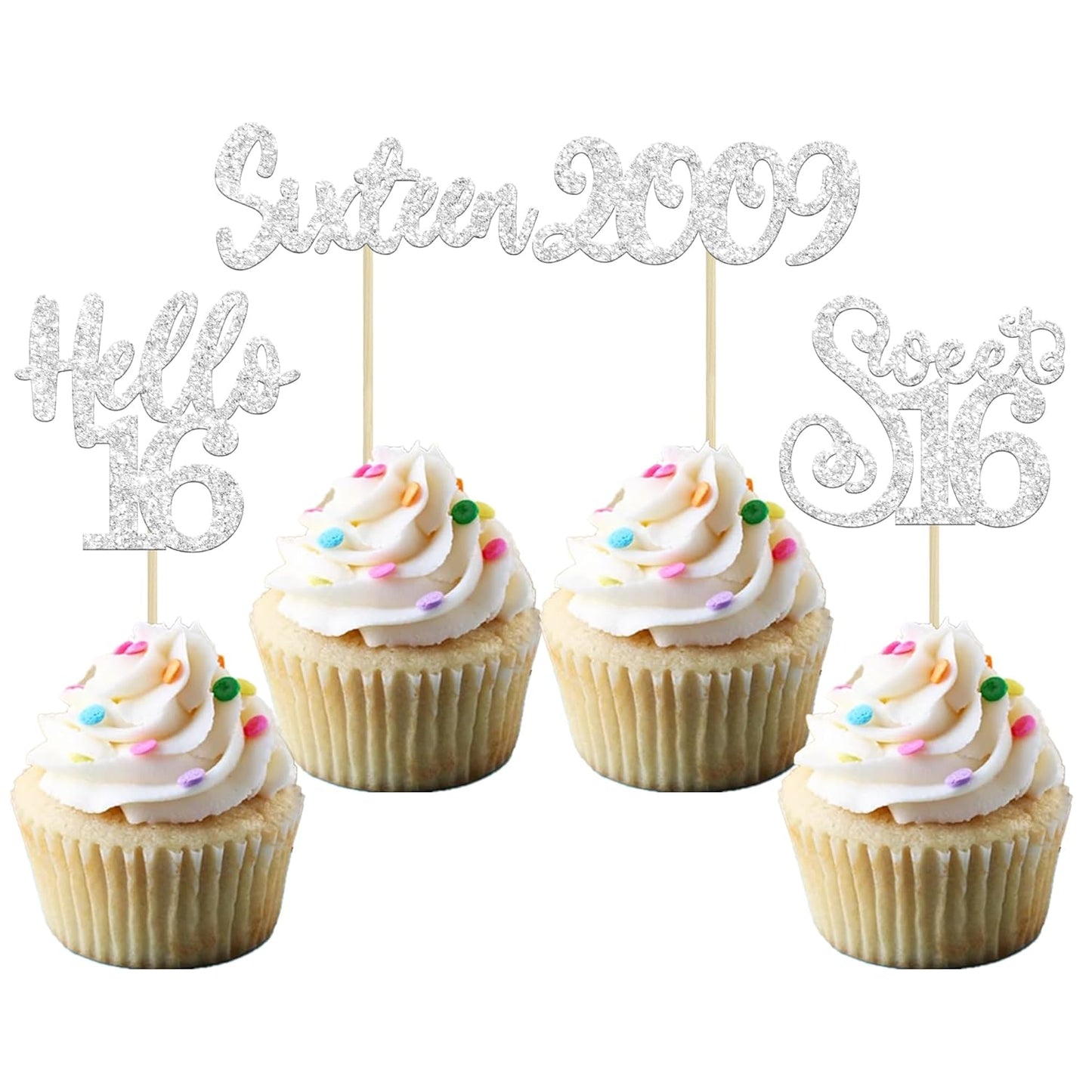 Gyufise 24Pcs 16th Birthday Cupcake Toppers Silver Glitter Hello 16 Sweet 16 Cupcake Picks 2009 16th Birthday Cake Decorations for Celebrating 16th Birthday Anniversary Party Supplies