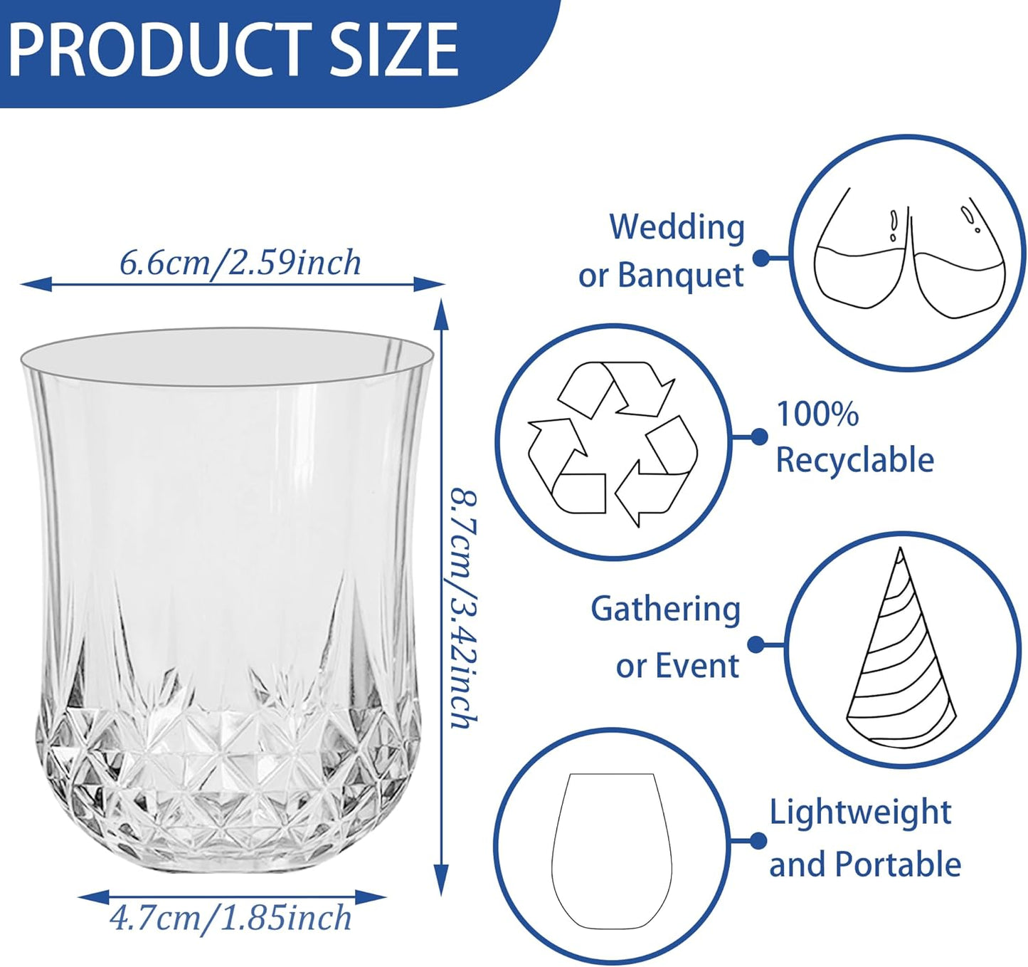 24 PCS Transparent Stemless Wine Glasses，Plastic Reusable Cups 9OZ Vintage Drinking Glasses Tumblers for Whisky, Beer, Juice, Beverages, Cocktai