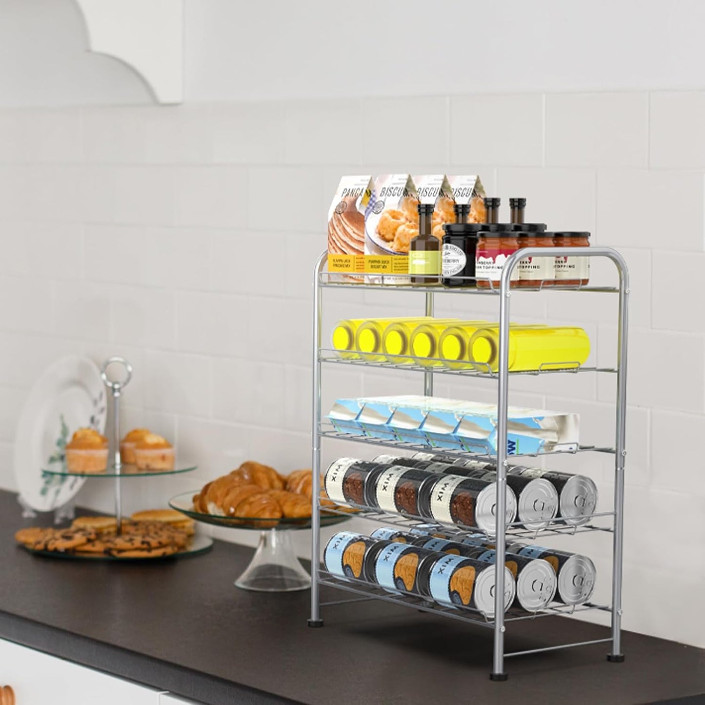 5 Tier Water Bottle Organizer Small Water Bottle Holder Stand Freestanding Metal Bottled Water Rack Dispenser for Kitchen, Pantry Organization and Storage, Silver