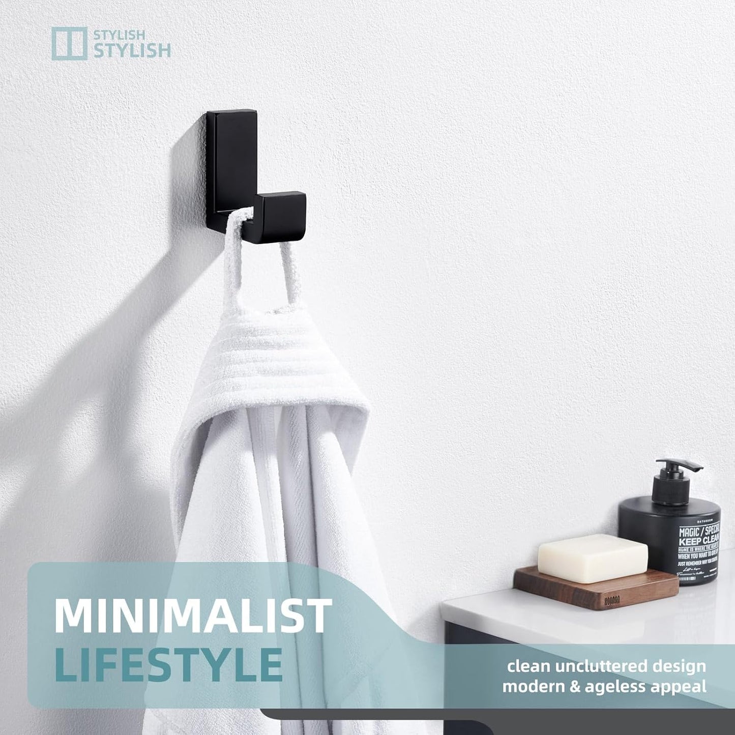 Angle Simple Towel Hook for Bathroom, SUS 304 Stainless Steel Compact Shower Robe Coat Wall Hook, Matte Black