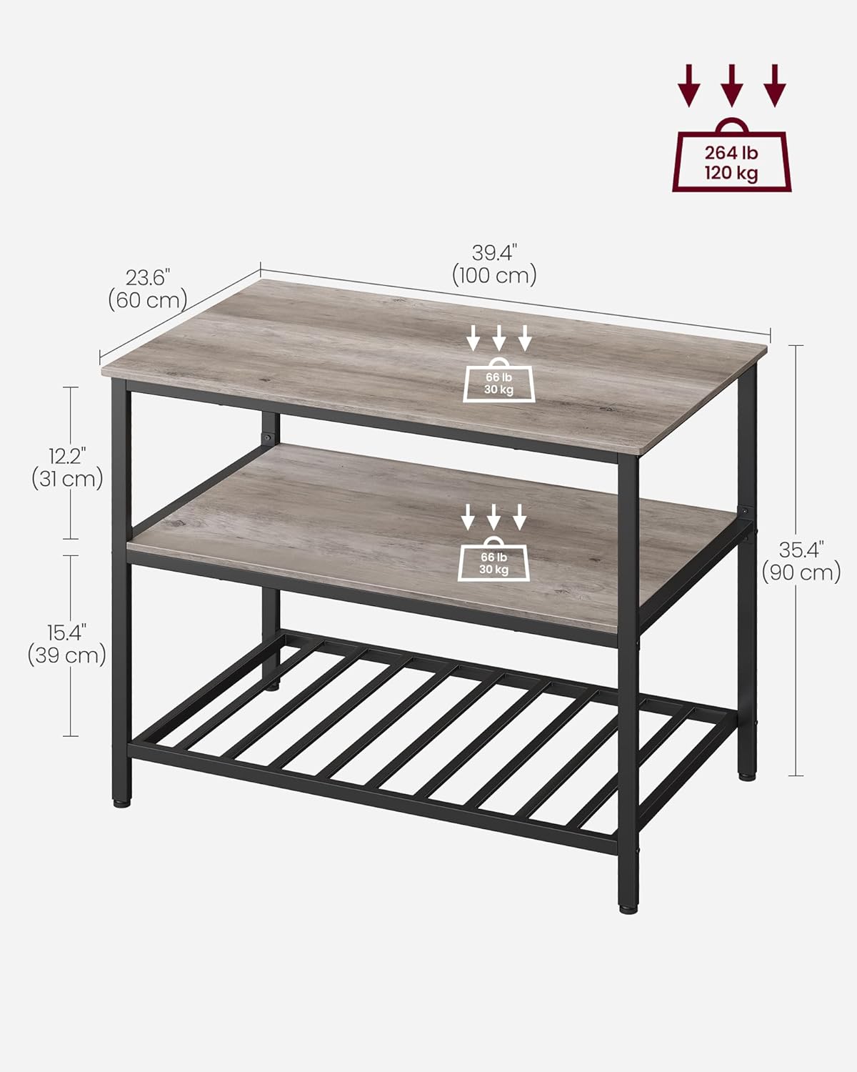 VASAGLE Kitchen Island with 3 Shelves, 39.4 Inches Width Kitchen Shelf with Large Worktop, Stable Steel Structure, Industrial, Easy to Assemble, Greige and Black UKKI005B02