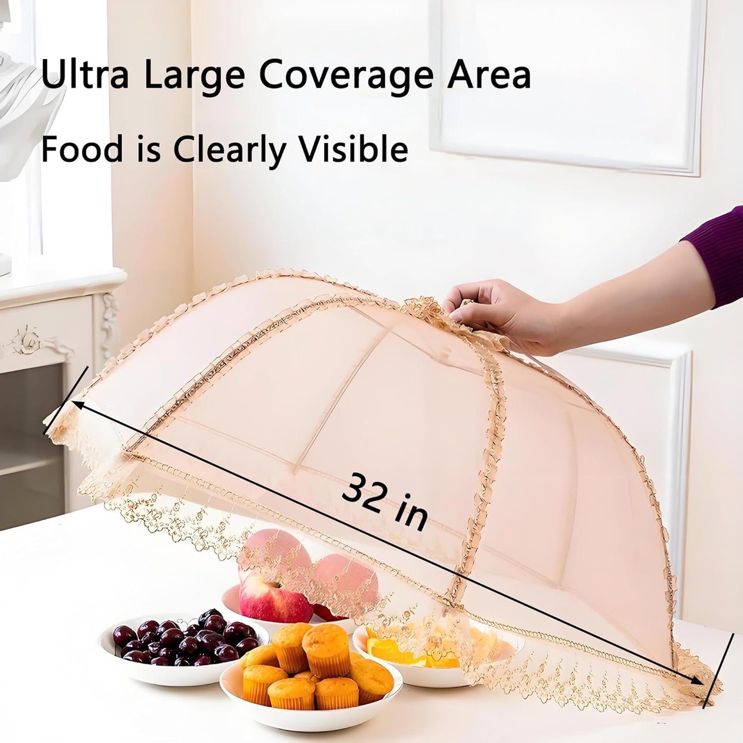 3-Pack Extra Large Food Cover, 32"x32" Pop-Up Food Nets, Mesh Food Covers Tent Umbrella for Outdoors, Screen Tents, Parties Picnics, BBQs, Reusable and Collapsible Food Tents