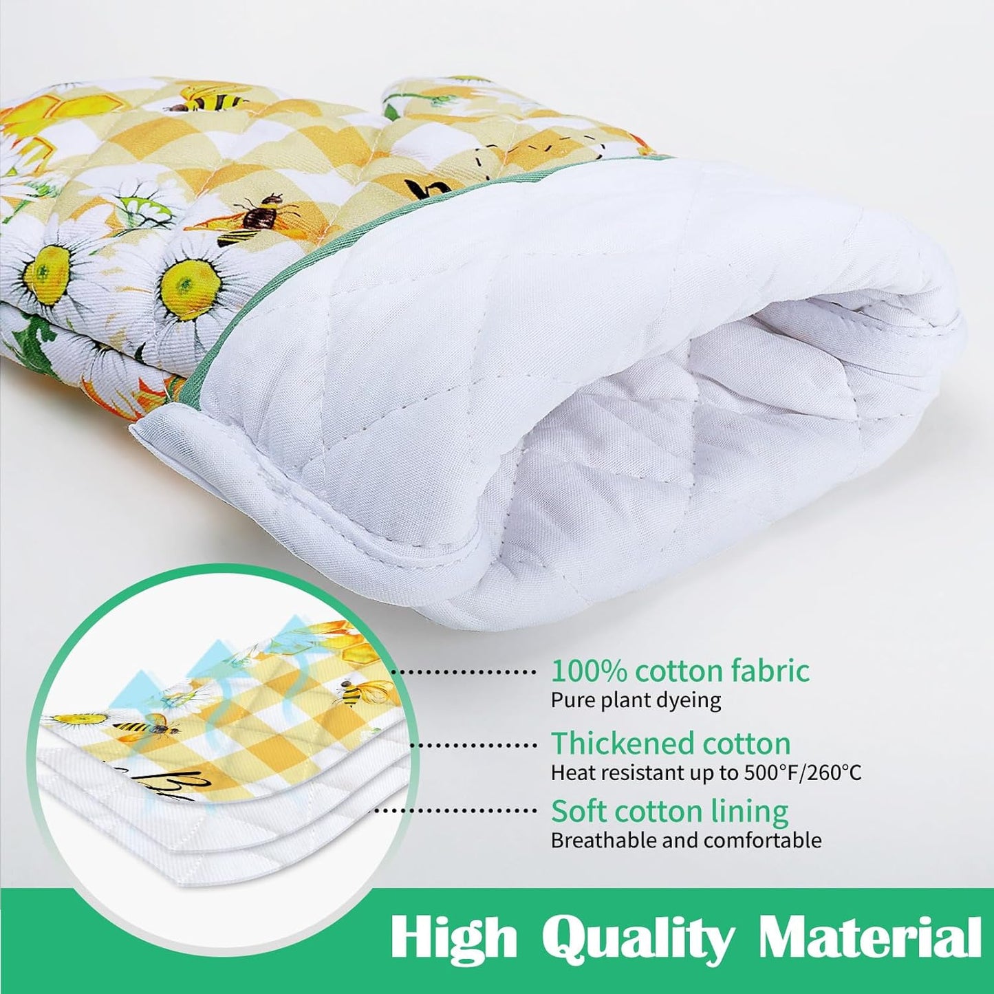 Bee Daisy Oven Mitts and Pot Holders Sets 4Pcs, 100% Cotton Heat Resistant, Extra Long Oven Gloves Potholder for Kitchen Cooking Baking Housewarming