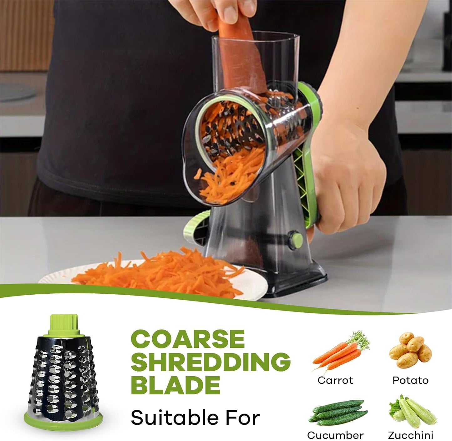 Rotary Cheese Grater with Handle, XinM Cheese Shredder Kitchen Mandoline Vegetable Slicer with 3 Interchangeable Blades, Easy to Clean Rotary Grater for Cheese Potato Nuts Chocolate (Green)