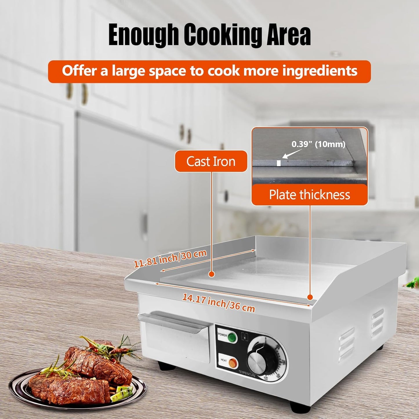 14" Commercial Electric Griddle,Electric Countertop Flat Top Griddle,110V 1500W Electric Flat Top Grill,Non-Stick Restaurant Teppanyaki Stainless Steel Grill,Adjustable Temperature Control