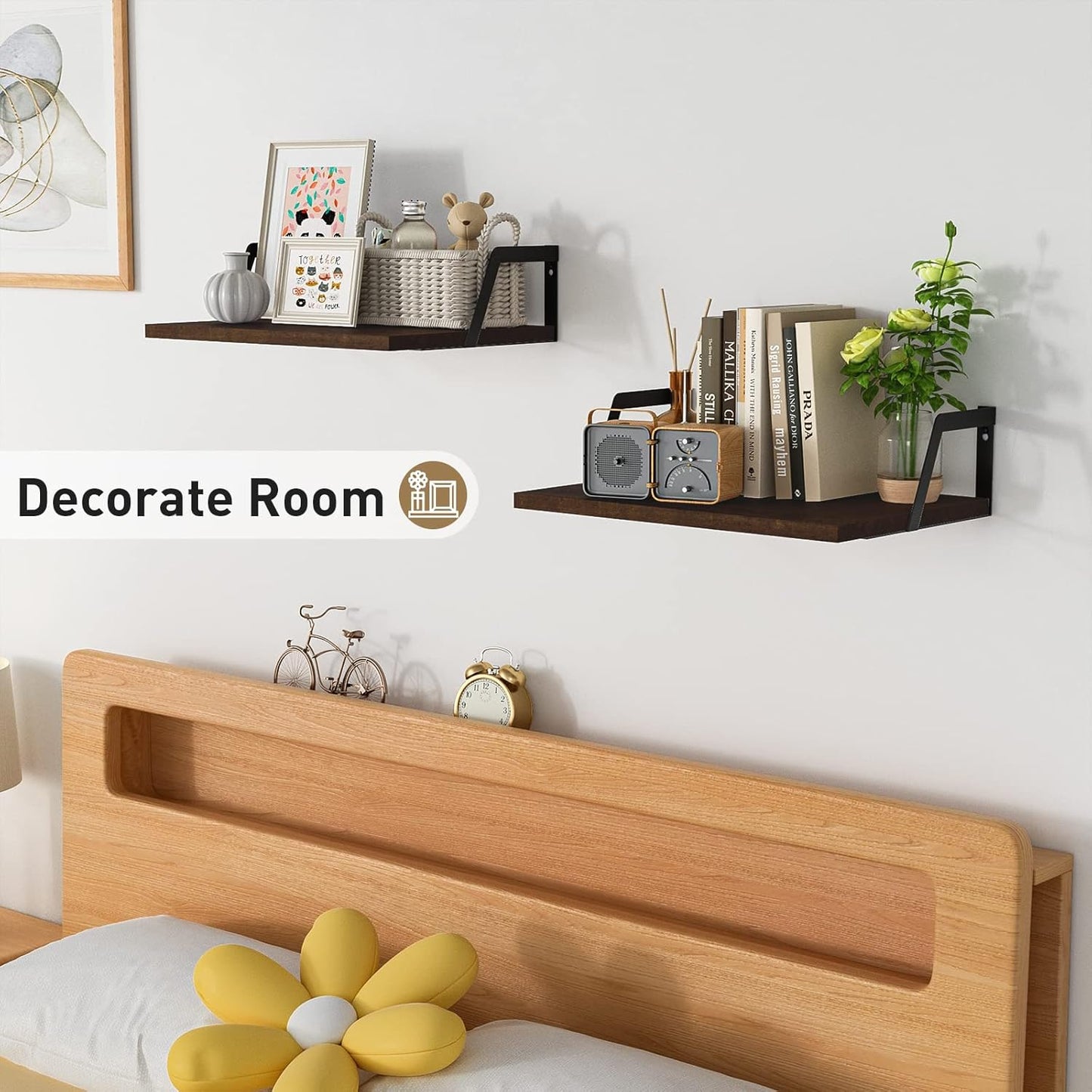 SRIWATANA Floating Shelves Wall Mounted Set of 2 Rustic Wood Shelves with Large Capacity(Dark Walnut)