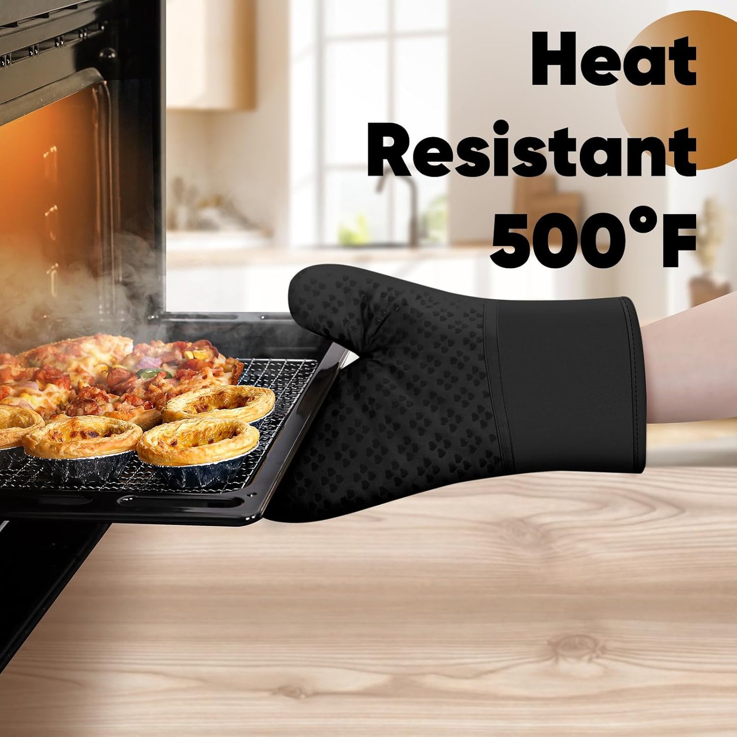 Oven Mitts and Pot Holders 4 Sets, Heat Resistant 500 ℉ Oven Mitt and Pot Holder,Oven Glove&Potholders with Non-Slip Silicone Surface,Kitchen Essentials for Cooking/Baking/BBQ-Black