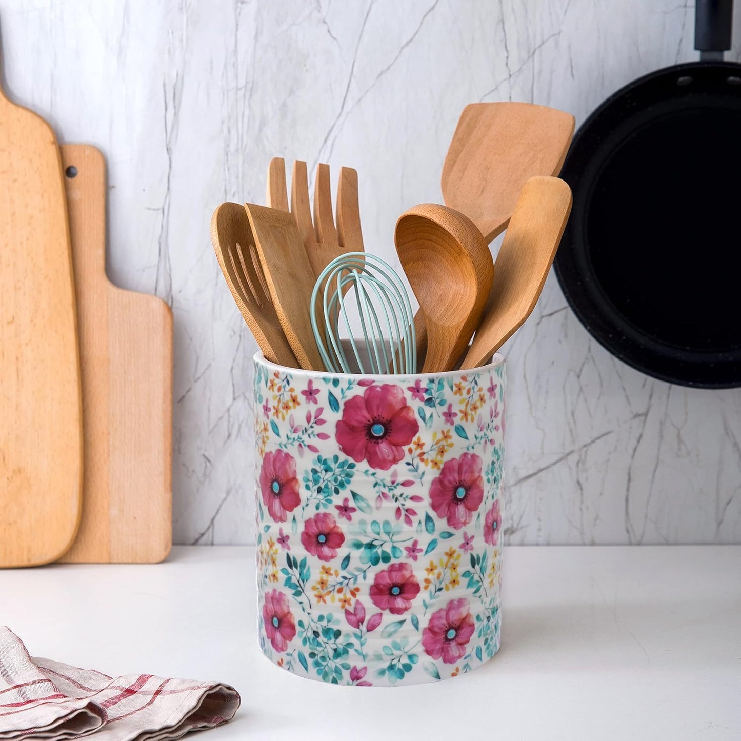 Kitchen Utensil Holder,7.2″Extra Large Stable Pattern Ceramic Utensil Crock,Utensil Organizer for Countertop,Kitchen Decor,Utensil Holder for Housewarming,Wedding Gift (Purple Red)