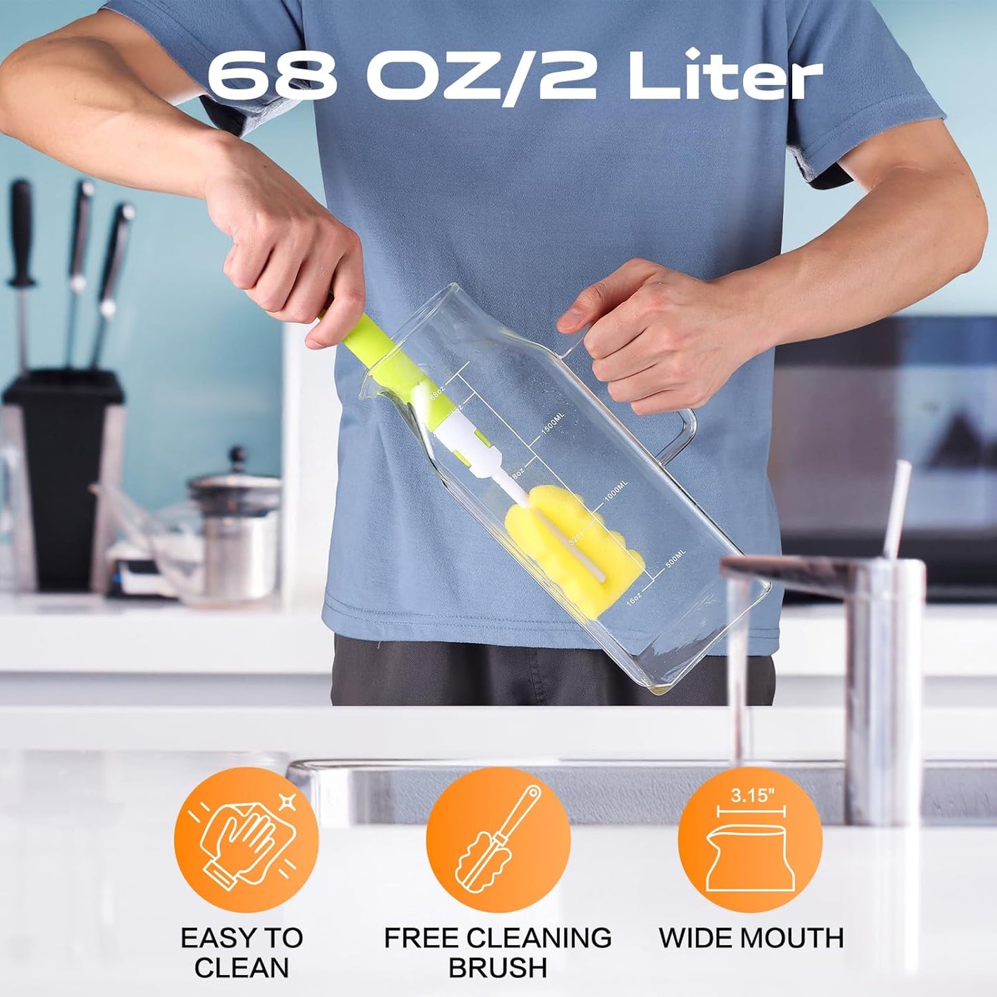 Aofmee 68oz Glass Pitcher for Bridge Door, 2 Liter Square Water Pitcher with Lid and Scale Line, Heat Resistant Tea Pitchers, Leak Proof Juice Jug, Borosilicate Glass Carafe for Hot/Cold Beverage