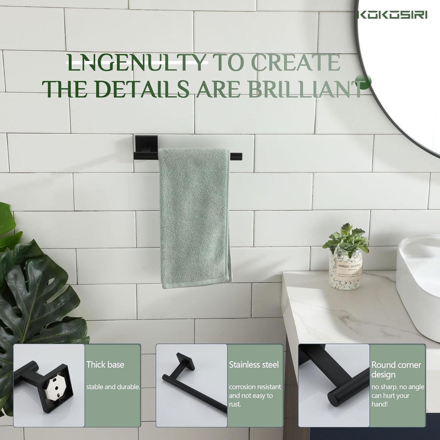 KOKOSIRI Towel Bar Matte Black Bathroom Hardware Hand Towel Rails, Suitable for Wall Mounted Towel Holder Screw in, Stainless Steel B3008BK