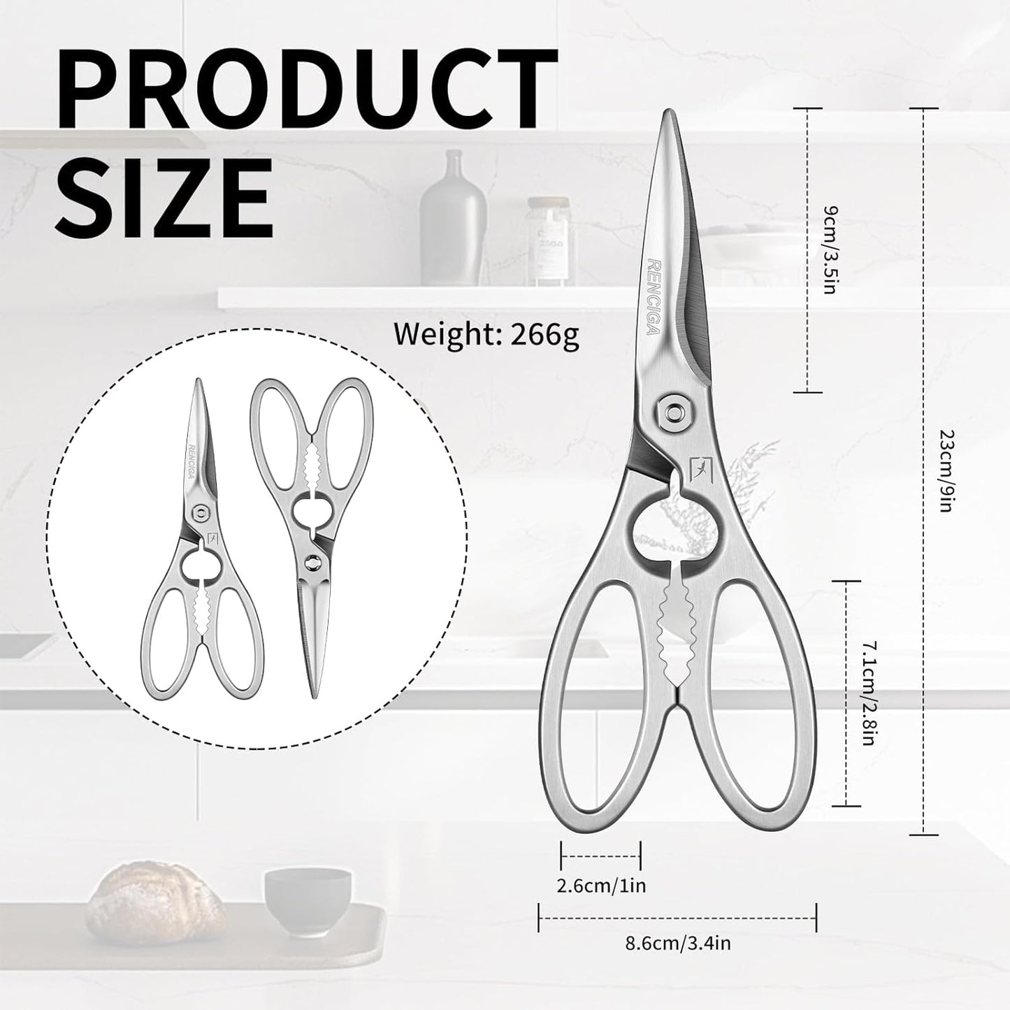 Kitchen Scissors Multi-Purpose Kitchen Shears Micro-serrated Sharp Blade Heavy Duty Stainless Steel Safe Food Scissors for Chicken, Poultry, Fish, Meat & Herbs with Non-Slip Grips