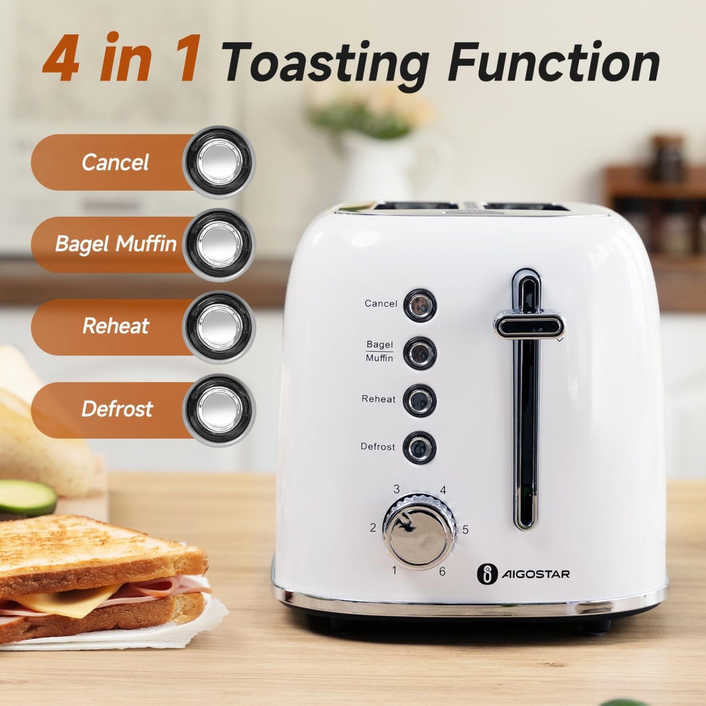 Aigostar Retro 2 Slice Toaster - Stainless Steel, Extra Wide Slots, Bagel Function, Cancel & Defrost, 6 Shade Settings, Removable Crumb Tray, White