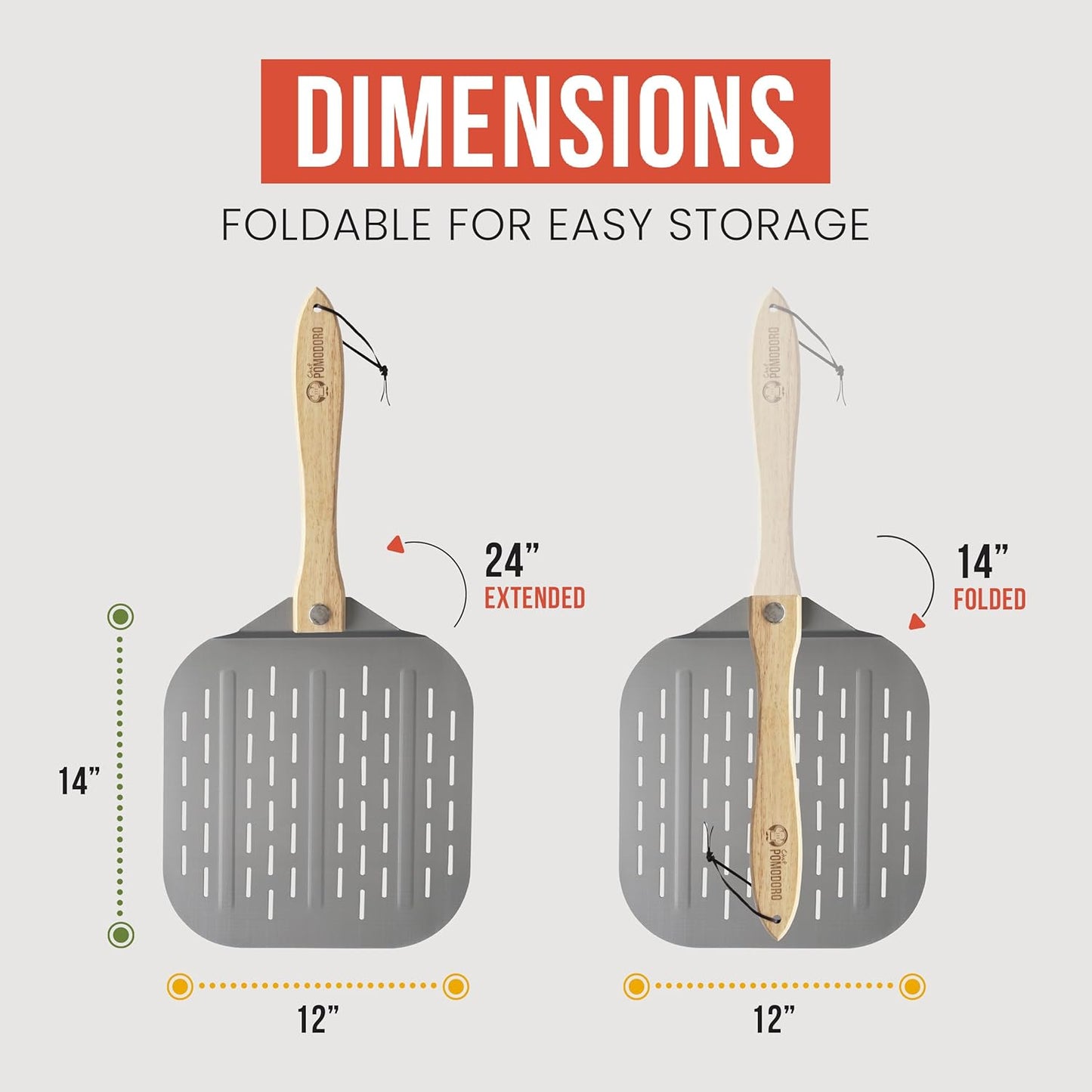Chef Pomodoro Perforated Aluminum Metal Pizza Peel with Foldable Wood Handle for Easy Storage, Premium Pizza Paddle with Holes for Baking Homemade Pizza and Artisan Breads (12 inch)