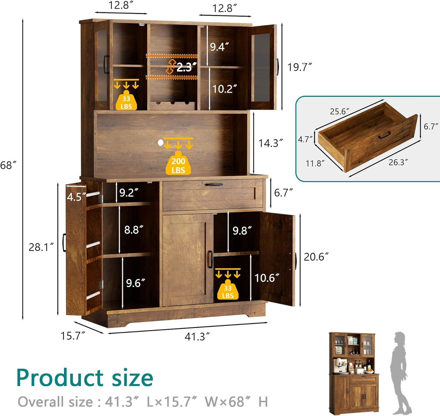 Vongrasig Tall Kitchen Pantry, Food Storage Pantry Cabinet with Hutch and Microwave Stand, Modern Coffee Bar Hutch with Adjustable Shelves for Kitchen, Dining Room, Brown