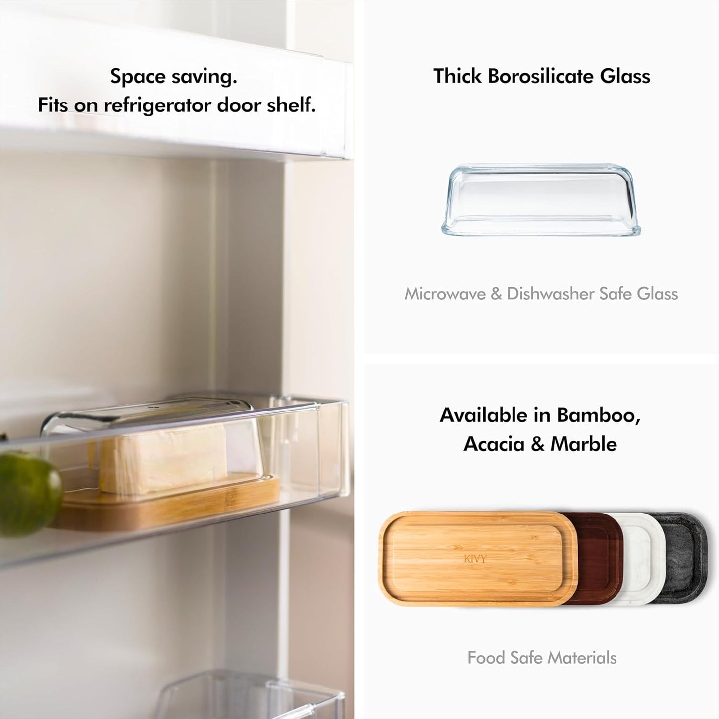 KIVY Butter Dish (White Marble & Glass) - For countertop and refrigerator door shelf - Marble butter keeper - Stone butter dish - Glass butter dish with lid - Dishwasher Safe