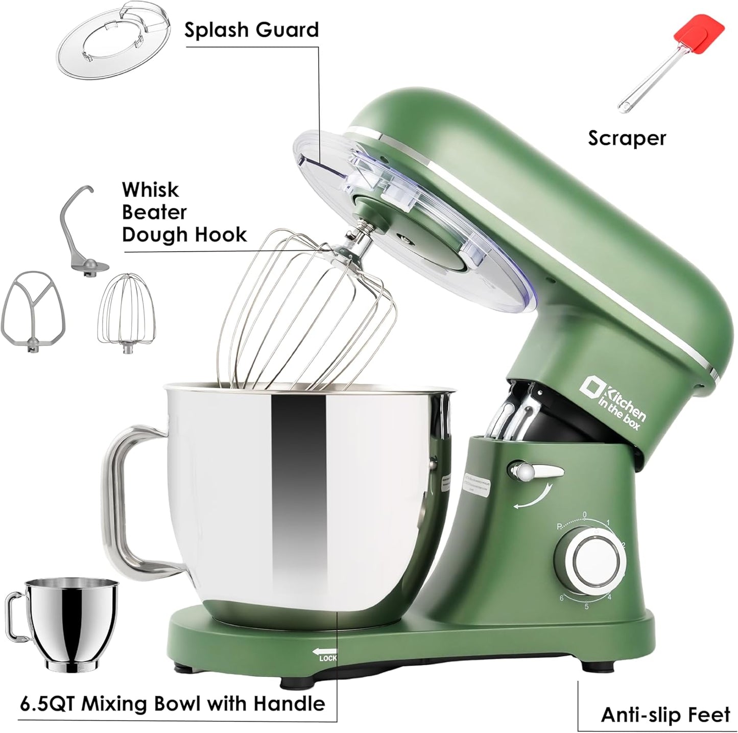 Kitchen in the box Stand Mixer - 6.5 Quart Mixing Bowl with Handle, 900 Watt Powerful Heavy Bread Dough Standing Mixers Tilt-head with Dough Hook, Whisk, Flat Beater and Splash Guard (Green)
