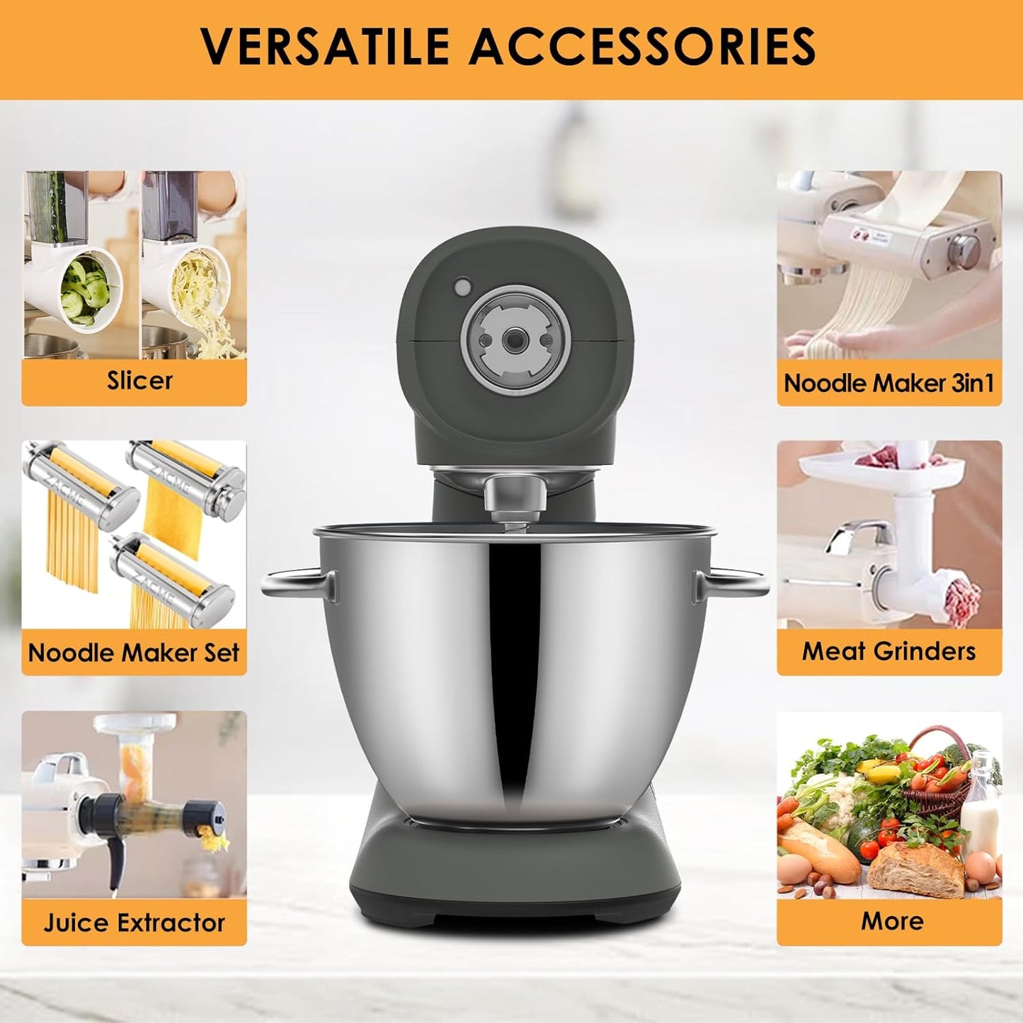 ZACME Mixers Kitchen Electric Stand Mixer 5.5QT 600W, Aluminum die casting and Gears, Dual Cooling System, Low Noise, DC Motor, LED Display and Timing Function, Tilt-head Metal Food Mixer, Grey