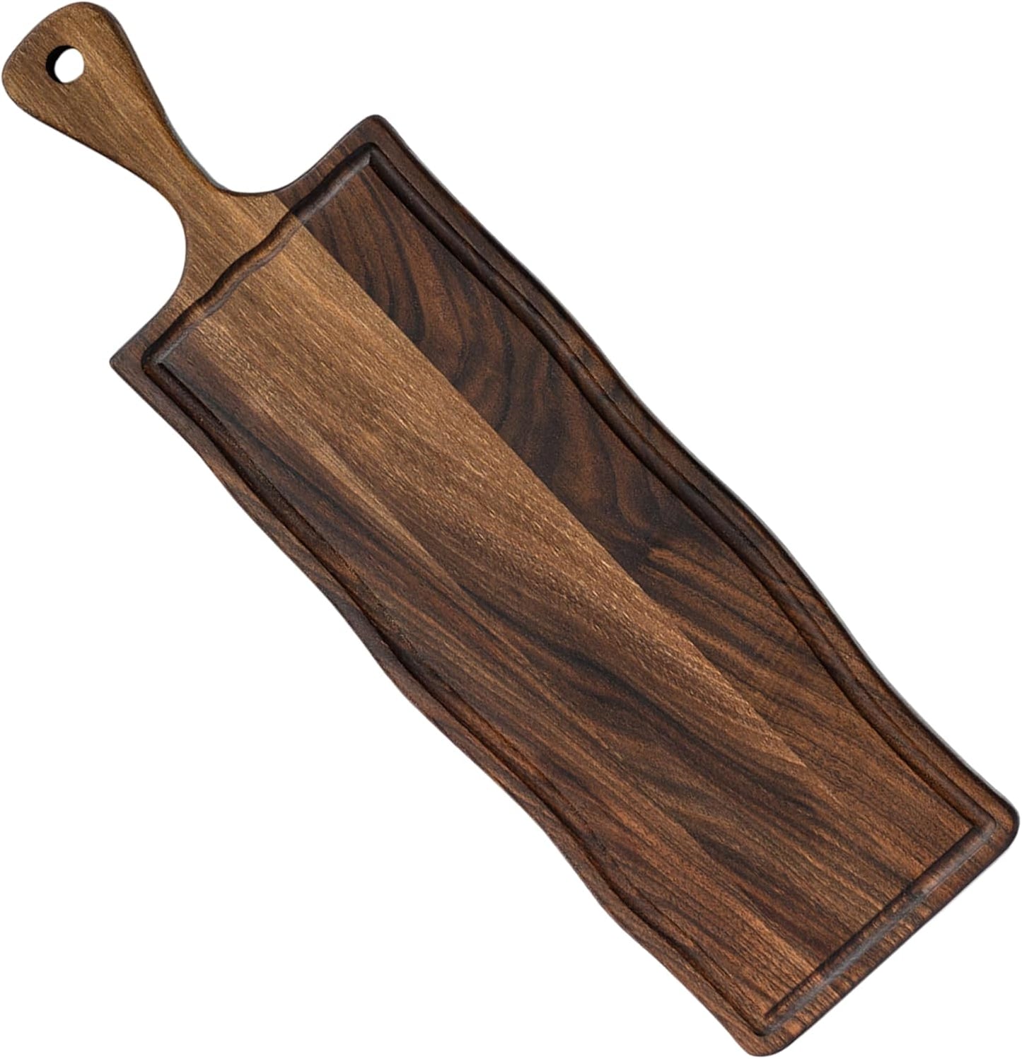 Elegant American Black Walnut Wood Long Serving Board with Handle - Charcuterie Wooden Board - Stylish Versatility for Culinary Delights - Reversible with Juice Groove - 19x6x0.8 in - Woodie Poppins
