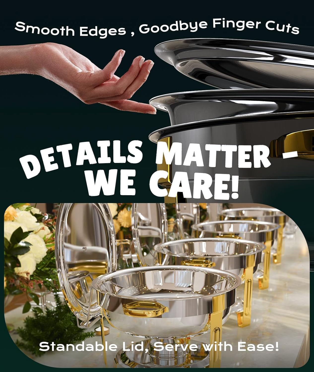 Chafing Dishes for Buffet 4 Pack, 6QT [Worry-Free Assemble] Food Warmers for Parties Buffet [Elegant Gold and Silver Colors] Stainless Steel Round Chafing Dish Buffet Set with Complete Set