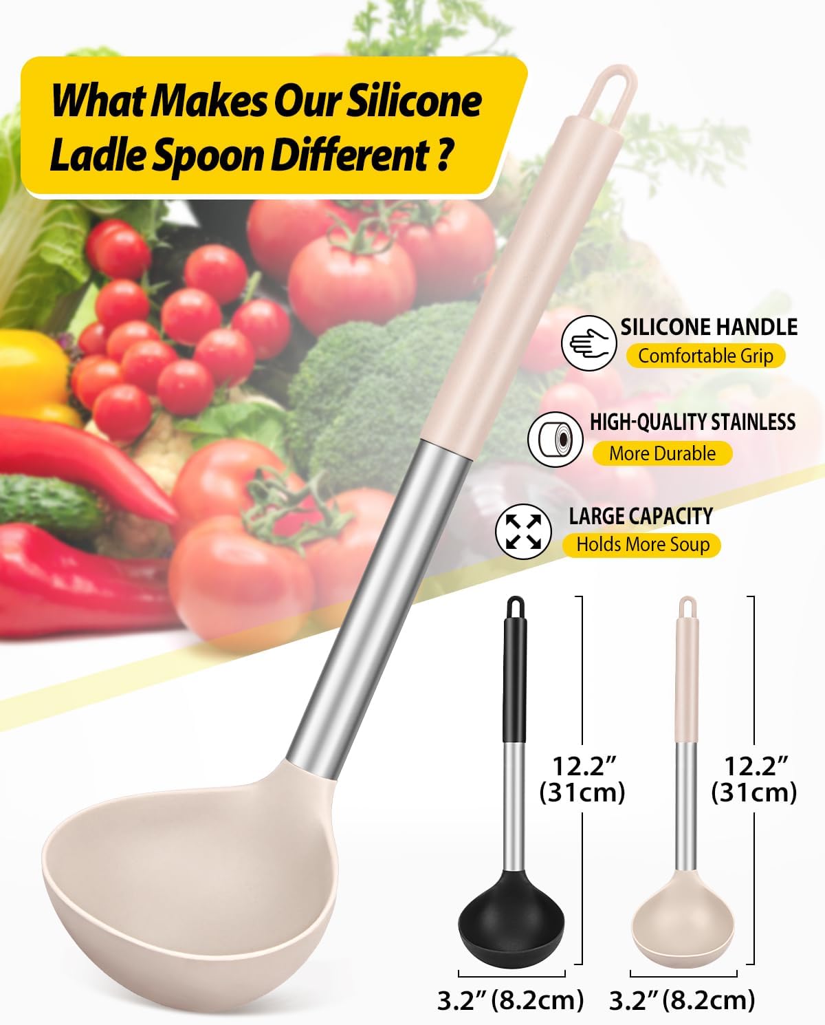 Pack of 2 Ladle Spoon,Silicone Large Spoon for Soup,Non Stick Kitchen Utensils with High Heat Resistant,BPA Free Perfect Kitchen Tools for Cooking, Stirring,Serving Soups (BLACK-KHAKI)