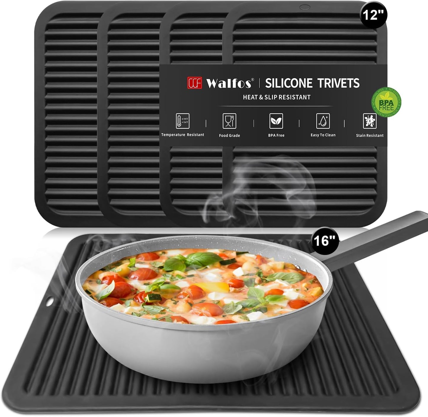 Walfos XXL Silicone Trivet 16 Inch and Trivets Mats 12 Inch, Trivets for Hot Pots and Pans, Heat Resistant Pot Holders Hot Pads for Kitchen Quartz Countertops, Hot Dishes, 5 Pack