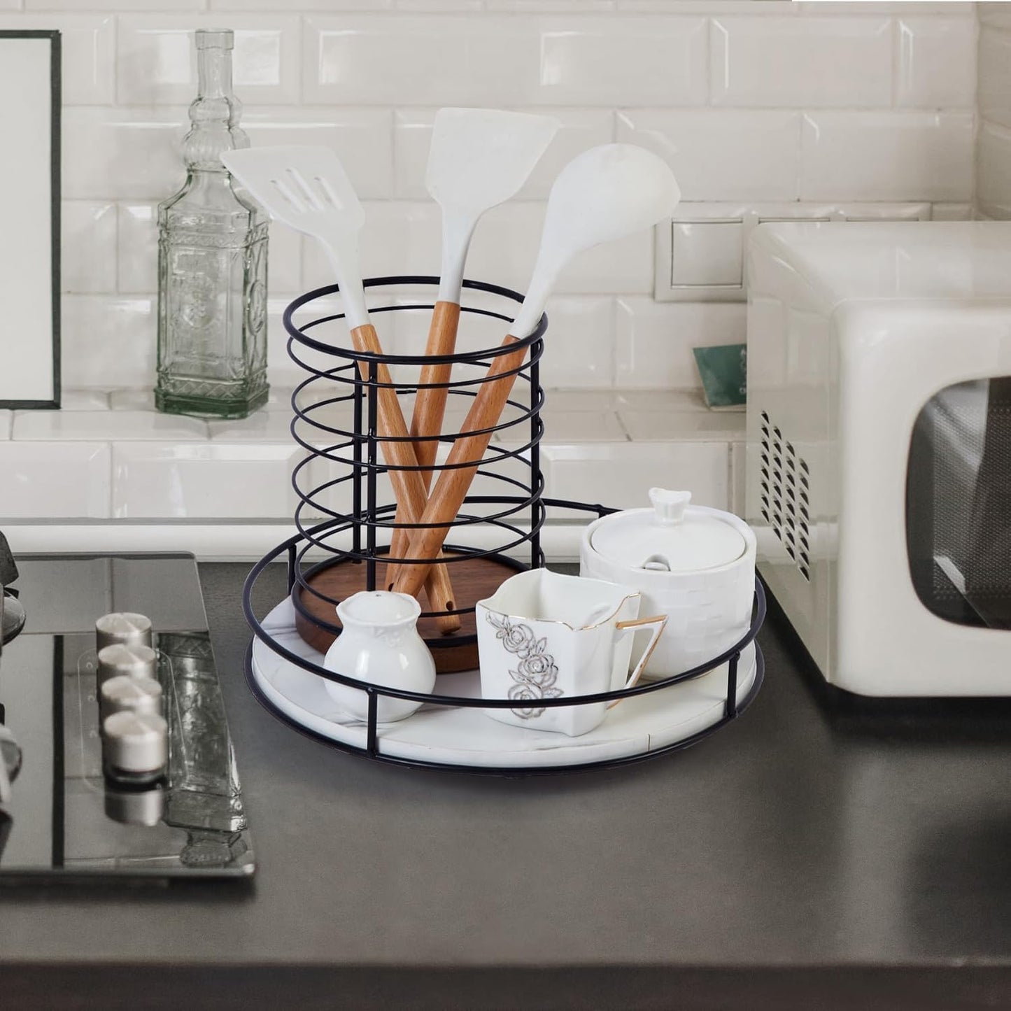 9 Inch White Wood Lazy Susan - Rustic Brown Turntable Organizer with Steel Frame, 360 Degree Decorative Turntable for Countertop or Centerpieces