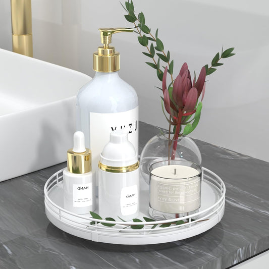 9" Oak Wood Bathroom Tray for Counter, Vanity Tray for Perfume Lotion Candle Makeup Jewelry Sink Soap Holder Turntable Dresser Organizer Countertop Coffee Table Decor Organization and Storage White