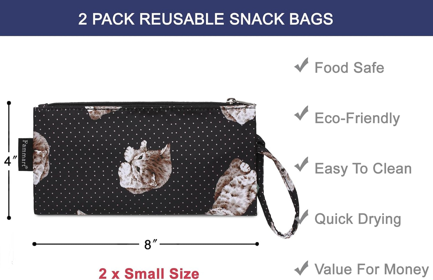 Reusable Sandwich Bag/Snack Bag for Kids & Adults, Dual Layer Lunch Bag with Handle, Washable, Food Safe, BPA Free (2-Pack, Dot&Cat)