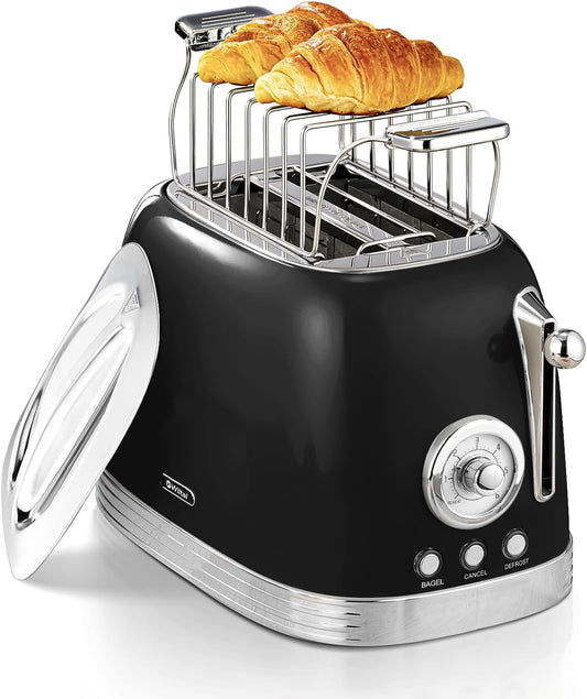 Glossy Black Cute Retro Toaster 2 Slice with 1.58" Wide Slots, Bread toaster with Cover and Warm Rack, Stainless Steel Toaster with Removable Crumb Tray, Preheat, Defrost, Cancel Function