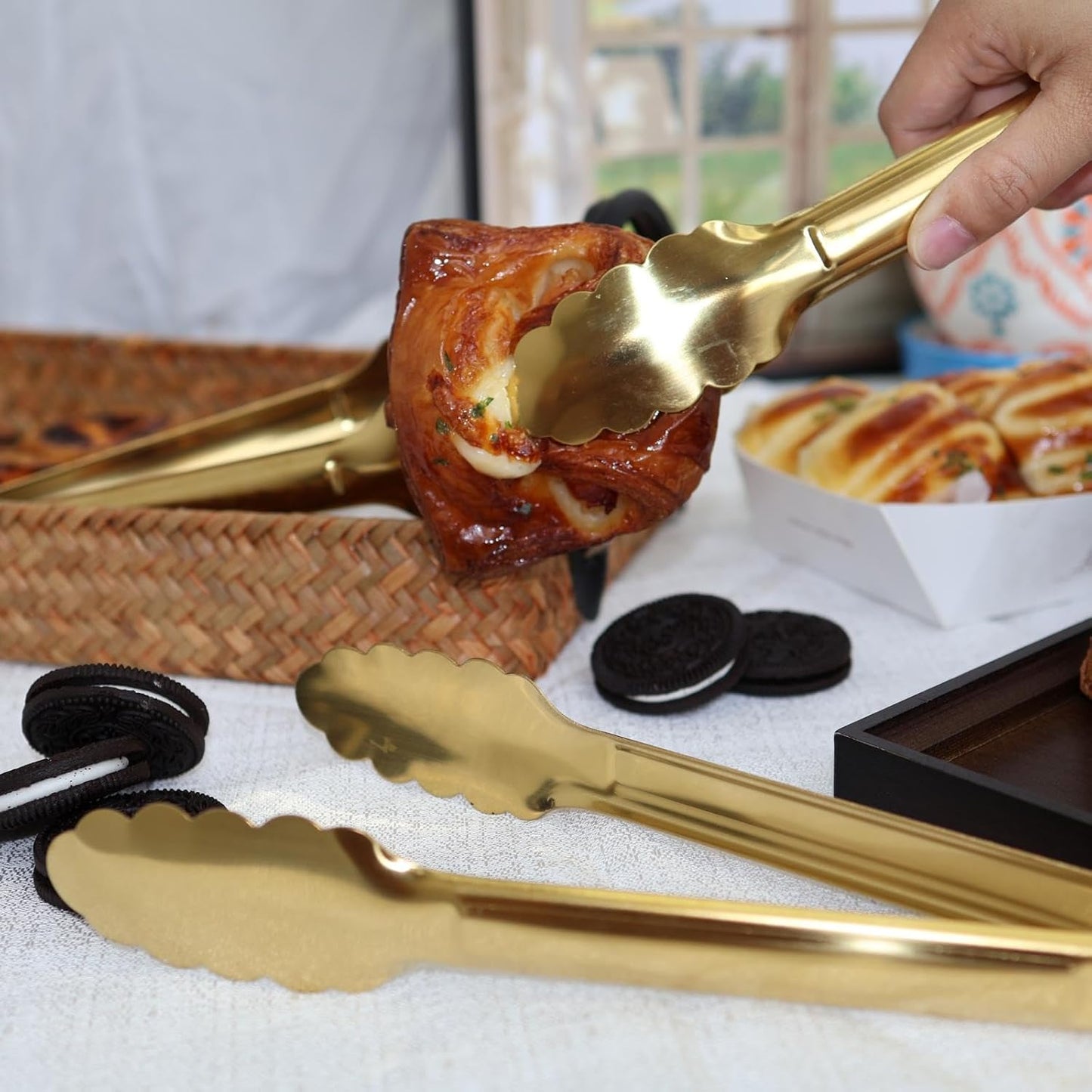 4 Pack 9 Inch Gold Tongs for Serving Food, Gold Serving Tongs Buffet Tong Stainless Steel Utensils, Metal Kitchen Tong for Salad, Steak, Appetizer, Snack and Small Food (4)