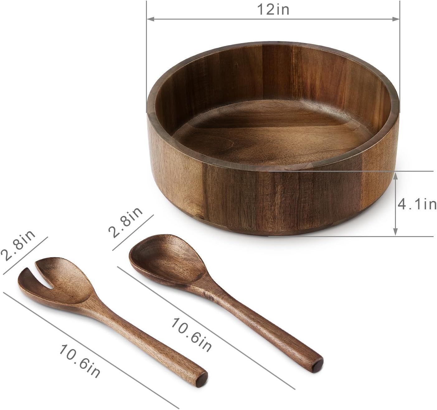 Wooden Salad Bowl, Acacia Walnut Wood Salad Bowl Set, 12 * 4.3 inch Large Natural Wooden with Fork and Spoon,Premium Eco-Friendly 346oz /10.8qt for Kitchen,Dining,Serving & Mixing Food