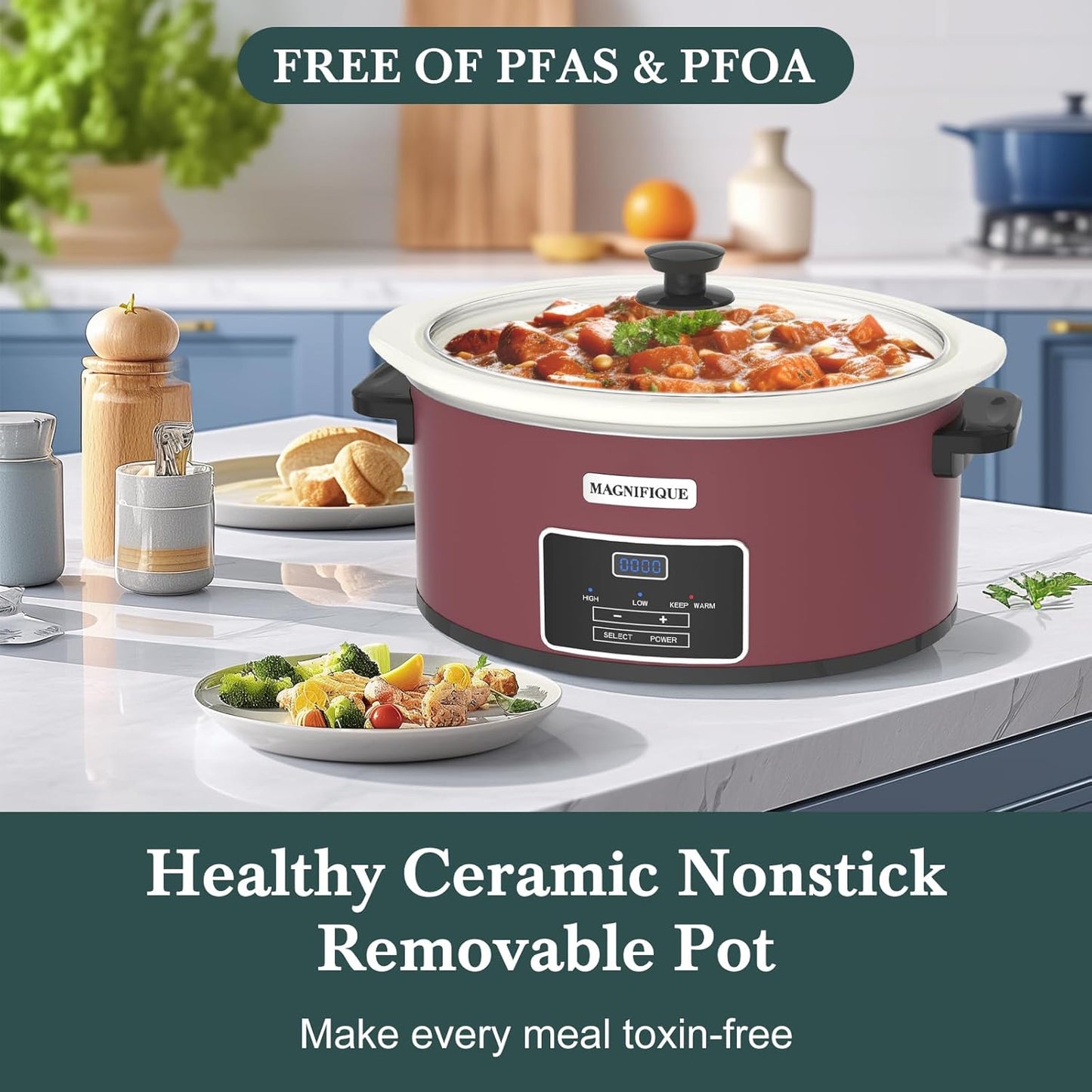 7-Quart Programmable Slow Cooker with Timer Keep Warm - Small Kitchen Appliance for Family Dinners - Serves 6+ People (Red Shell + White Ceramic Liner)